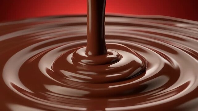 Closeup video of smooth molten chocolate being poured slowly over a dessert, forming glossy ripples and glistening highlights 