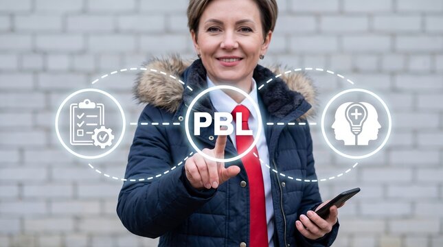 Smiling professional businesswoman pointing finger at virtual touch screen button with project based learning acronym symbol interacting with digital educational infographic interface