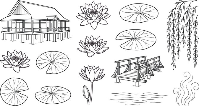 Traditional stilt house vector line art set with water lily lotus flowers bridge willow leaves and pond ripples