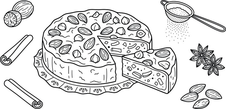 Traditional panforte christmas cake with almonds cinnamon sticks nutmeg star anise flour sifter and spices vector line art illustration