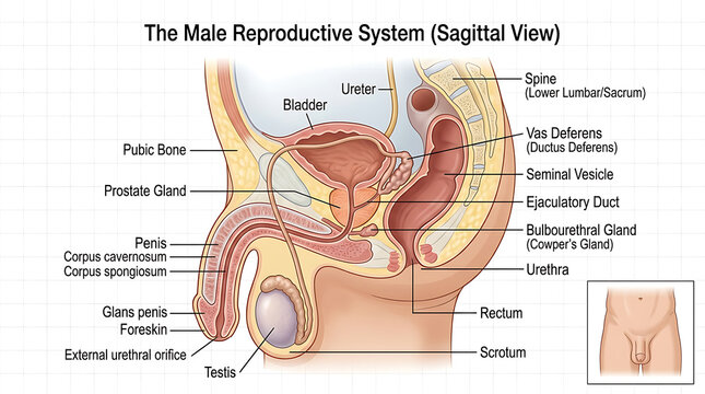 Medical illustration of the human male reproductive system showing internal anatomy in sagittal view.