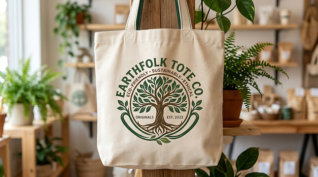 Eco friendly canvas tote bag with tree logo displayed in a sustainable boutique shop.