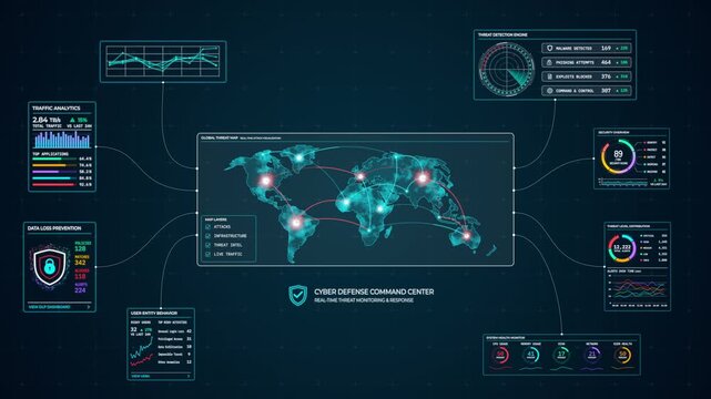 Motion graphic of a global cybersecurity world map interface tracking international cyber attacks and network connections across a digital threat map dashboard.