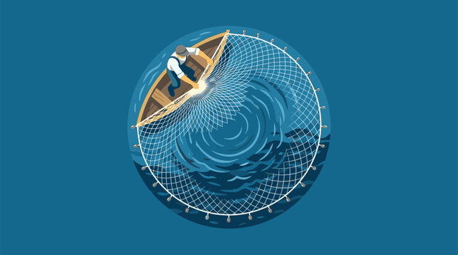 Fisherman casting net from small boat vector illustration