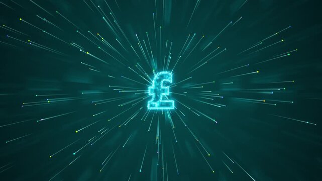 Motion graphic of a glowing digital pound currency symbol radiating bright neon lines and particles, designed for modern finance and wealth trading concepts.