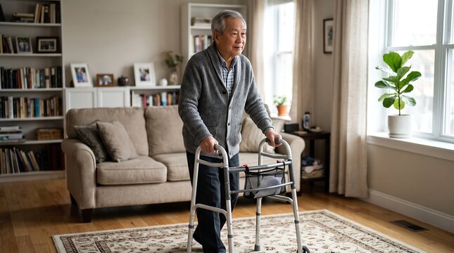 Senior Asian Man Using a Mobility Walker to Walk Independently Inside His Cozy Living Room