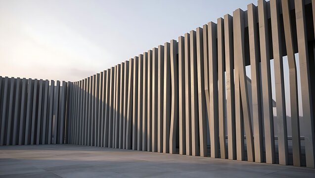 A dynamic perspective of a modern architectural wall composed of numerous vertical concrete slats, creating an intriguing play of light and shadow under a soft sky.
