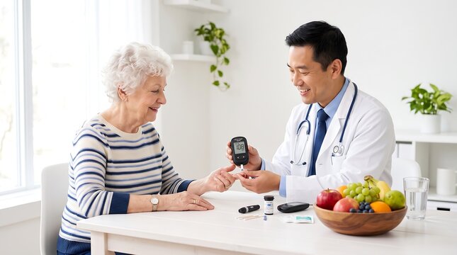 Professional Doctor Conducts Blood Sugar Test on Senior Woman for Effective Diabetes Management