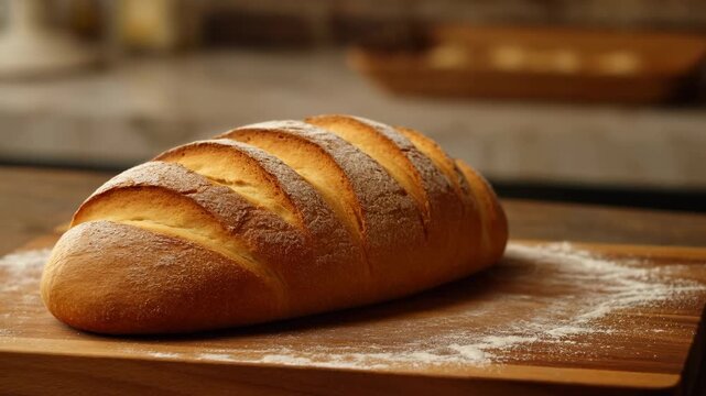 Golden brown bread loaf rests on a flour-dusted wooden board, showing deep diagonal scoring, crisp baked crust, warm kitchen lighting, and softly blurred background