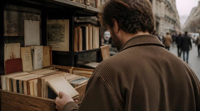 Man browsing vintage books at outdoor book stall on city street European architecture realistic over the shoulder shot of man selecting book from