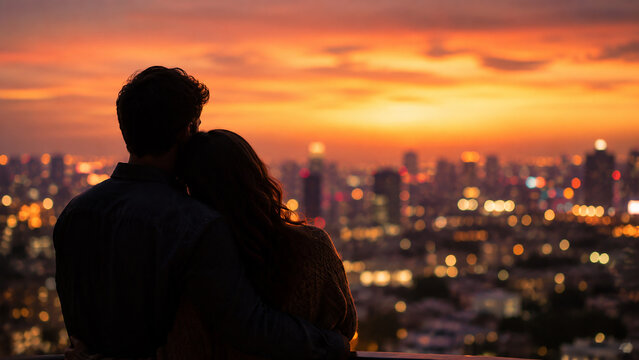 Romantic Couple Hugging While Watching Sunset Over Glowing City Skyline Horizon