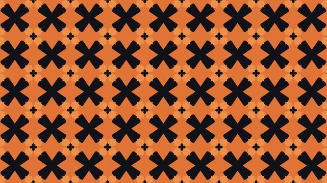 Seamless loop abstract geometric pattern with diagonal black cross shapes on orange