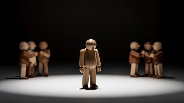 A wooden figure stands alone in a spotlight, surrounded by two groups of wooden figures engaged in conversations, symbolizing isolation and social exclusion.