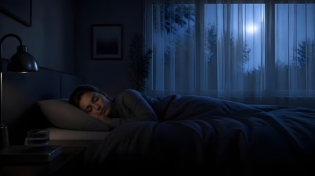 Adult female peacefully sleeping on bed under soft blue bedroom light by window view of trees serene night ambiance