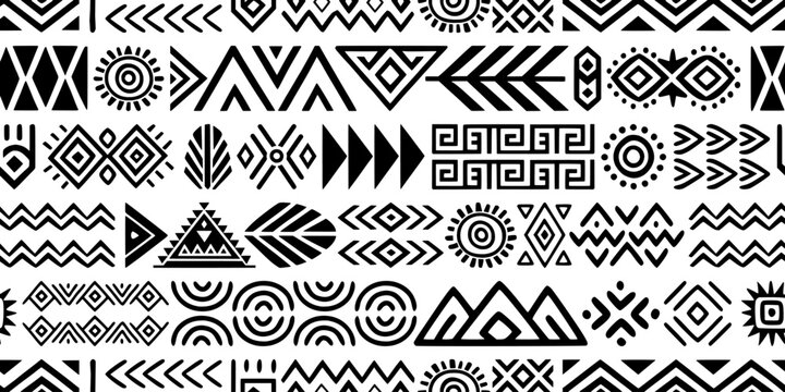 Seamless ethnic pattern, hand-drawn ethnic geometric elements, African or Indian style tribal pattern, isolated on white background, vector print