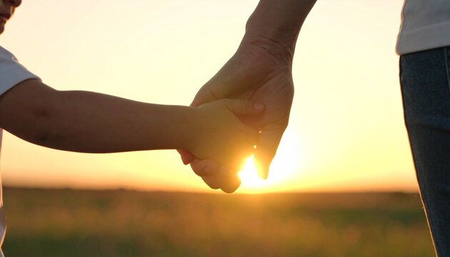 Close-up silhouette of a parent gently holding a young child's hand against a soft glowing sunset in a peaceful outdoor field