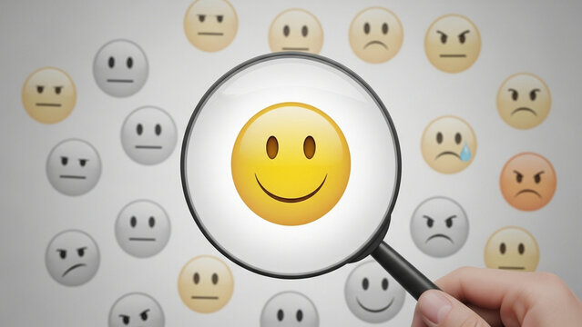 Hand holding a magnifying glass focusing on a bright yellow smiling emoji face while surrounded by various neutral and negative emotion icons in shades of grey and tan.