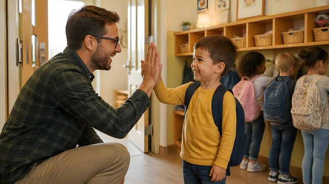 Male kindergarten teacher giving high five to young child in classroom filled with other kids wearing backpacks warm atmosphere