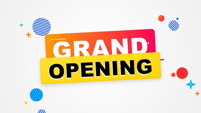 Grand Opening motion graphic animation with colorful geometric shapes on white background