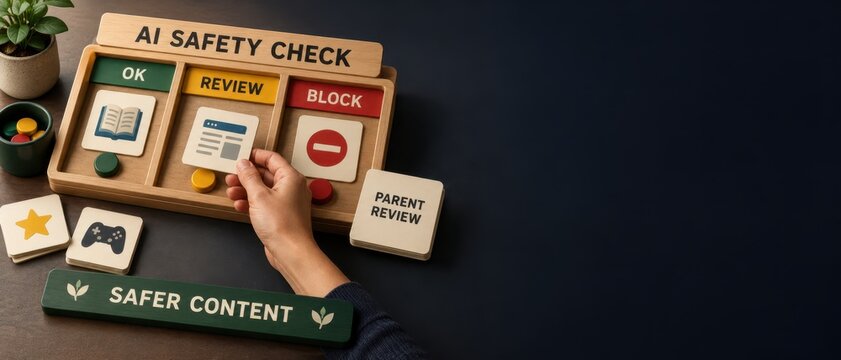 A professional inspecting physical content cards on a wooden board during an AI trust review, ensuring responsible AI oversight and safety validation