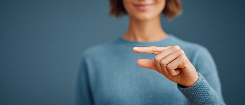 Woman gesturing small size with fingers against blue background with copy space for measurement and scale concepts