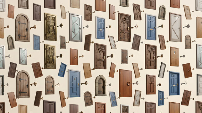 Pattern with various vintage old doors and keys on a light background, architectural background