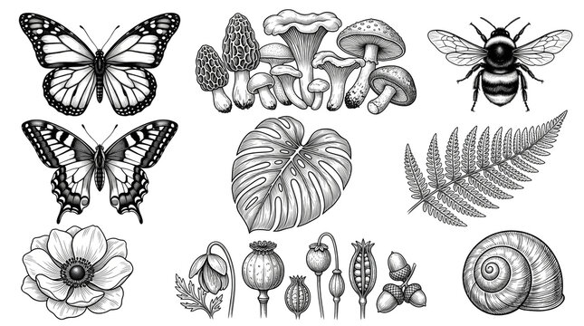 Vintage botanical engraving set, black and white forest nature illustrations, hand drawn butterfly and mushroom sketches, antique floral and insect clip art