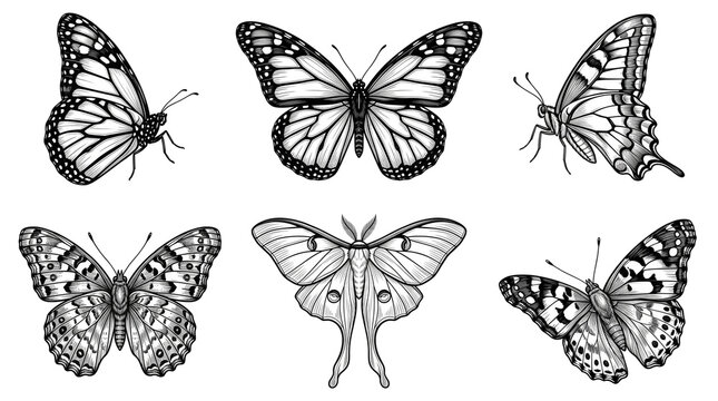 Vintage butterfly illustrations set, hand drawn black and white monarch and moth sketches, 6 detailed insect engravings on white background