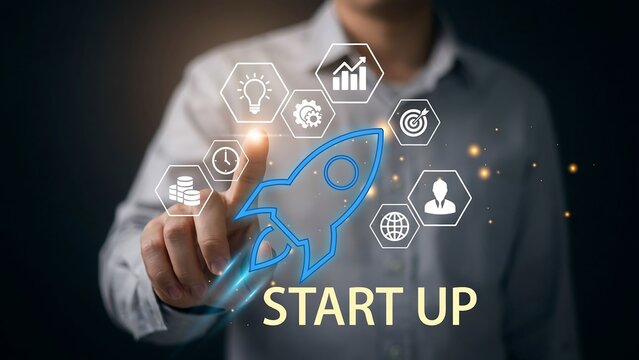 Man's finger touching rocket icon with business icons during startup launch concept against dark background