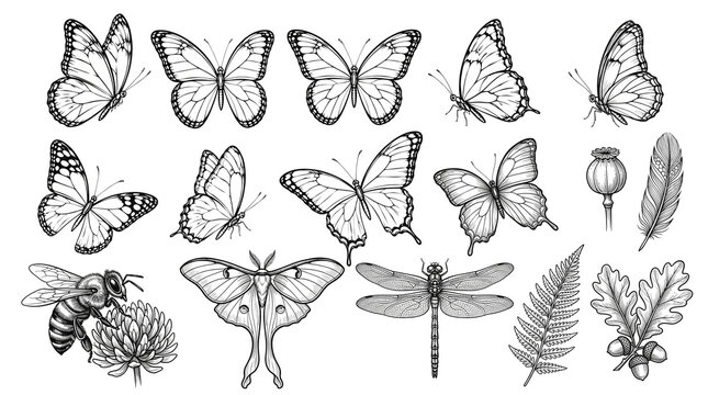 Vintage butterfly and insect sketches, hand drawn botanical collection of 15 elements, black and white nature illustrations for scrapbooking