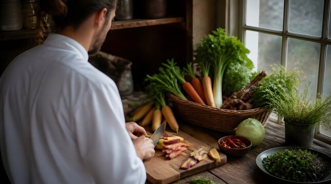 Chef slicing meat fresh vegetables herbs old fashioned kitchen window light natural ingredients