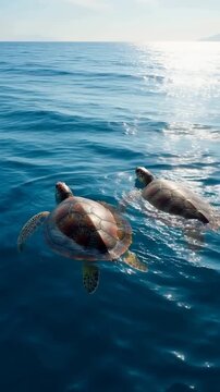 Two sea turtles swimming in sunlit blue ocean with distant landmass