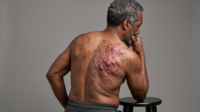 Senior African American man sitting on stool showing severe cystic acne and scars on upper back
