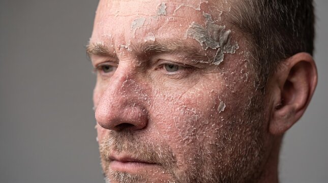 Close up portrait of adult man face showing severe skin peeling and flaking scaling condition