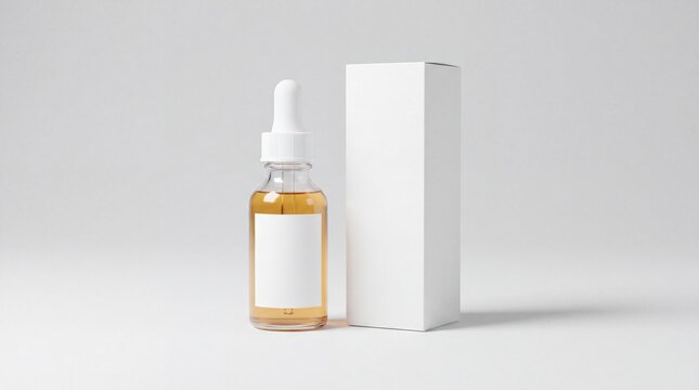 A glass dropper bottle with amber liquid and a blank white box standing on a light background with liquid beside rectangular clear glass cosmetic box plain surface