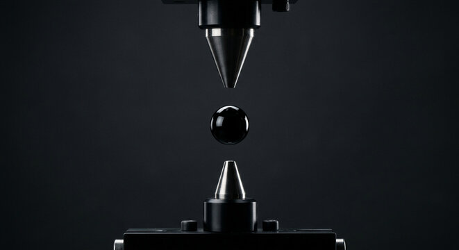 Shiny black ferrofluid droplet floating between ultrasonic transducers in mid-air acoustic levitation setup for science technology research concept