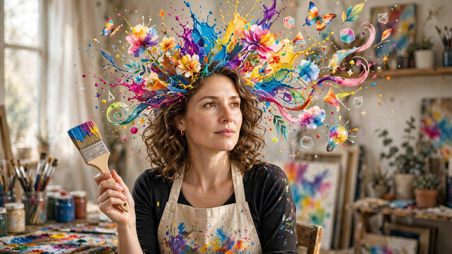 Artist holding paintbrush with bright explosion of colors and shapes blooming from head visualizing idea