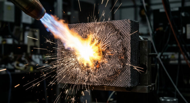 Ultra high temperature plasma flame torch testing woven ceramic ablative heat shield material in dark laboratory environment showing extreme thermal protection science experiment