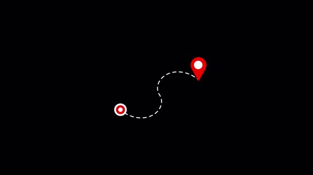  Dashed line curving across, connecting two red location pin icons. Route between two points navigation, journey, travel, mapping technology, logistics, location pin appearing. Animation of white map 
