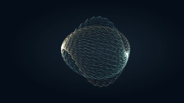 Blue and gold particle structure morphs from elongated curve to sphere