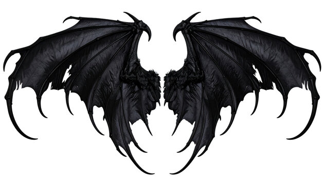 Pair of Large Spooky Black Dragon Wings Isolated on White Background