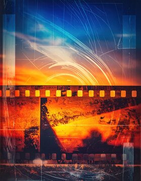 Grunge textured film strip with sunset overlay.