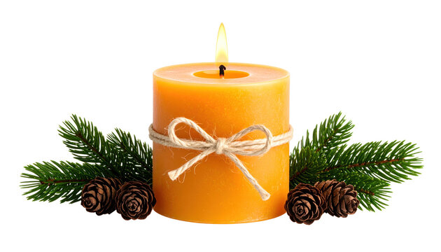 Orange Candle with Pine Branches and Pinecones Isolated on White