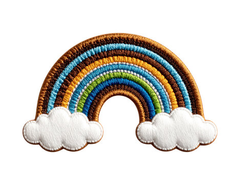 Embroidered Rainbow Patch with White Clouds Isolated on White Background