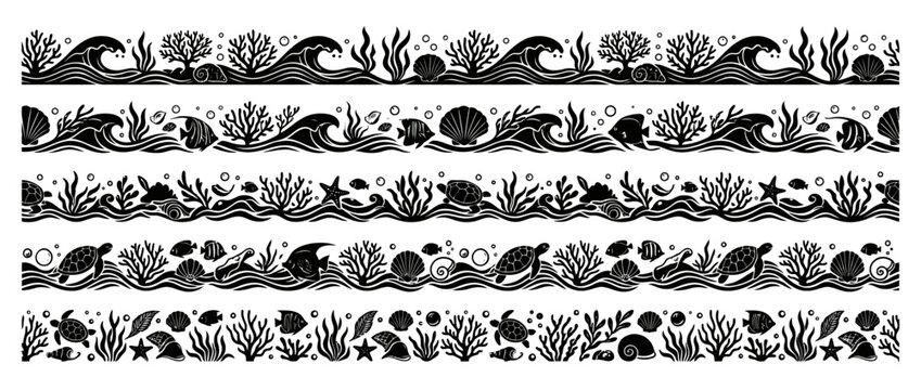Oceanic Sea Life Borders: Waves, Corals, Fish, Turtles, Seashells