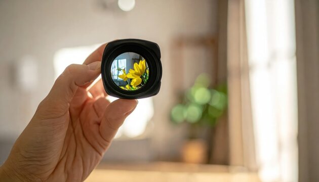 Hand holding small camera lens showing yellow flower.