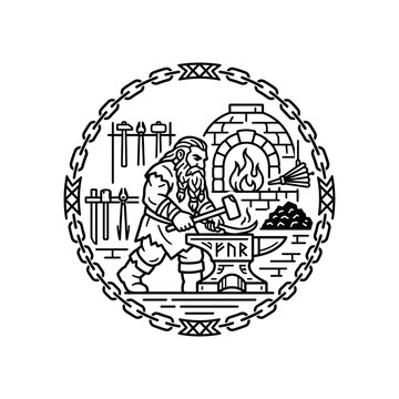 Black and White Vector Illustration of a Dwarf Blacksmith Working at an Anvil