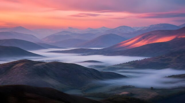 Misty valleys at sunrise or sunset vibrant sky colors over mountainous landscape during golden hour