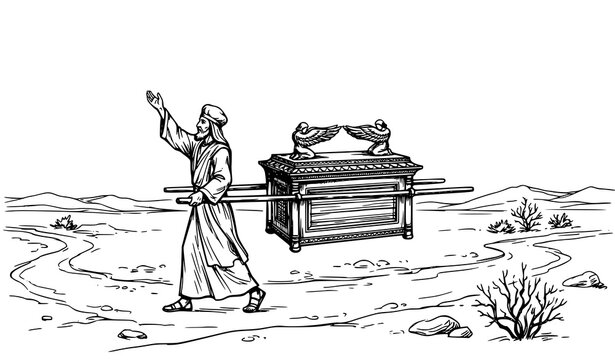 Biblical priest carrying ark of covenant with cherubim through desert wilderness hand drawn black and white line art illustration