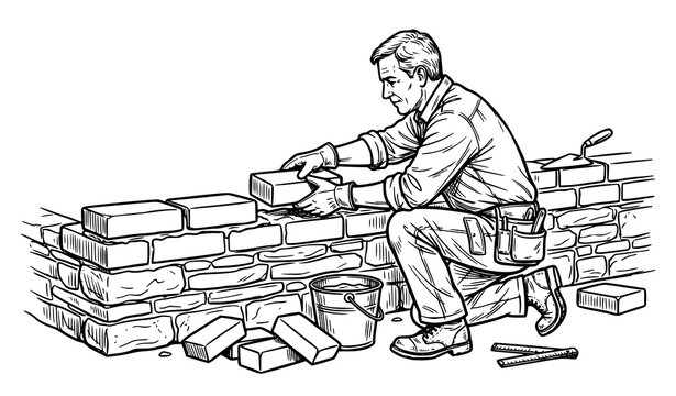 Experienced bricklayer working with mortar bucket and hand tools building a durable brick wall vector line drawing sketch